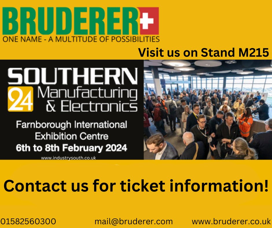 BrudererUK's tweet photo. NOT LONG LEFT UNTIL SOUTHERN MANUFACTURING AND ELECTRONICS 2024! We're there exhibiting our portfolio at the Farnborough International Exhibition Centre from the 6th-8th February. Contact mail@bruderer.com for ticket info.

#Bruderer #Ukmfg #Southernmanufacturingandelectronics https://t.co/J47jHmzg4u