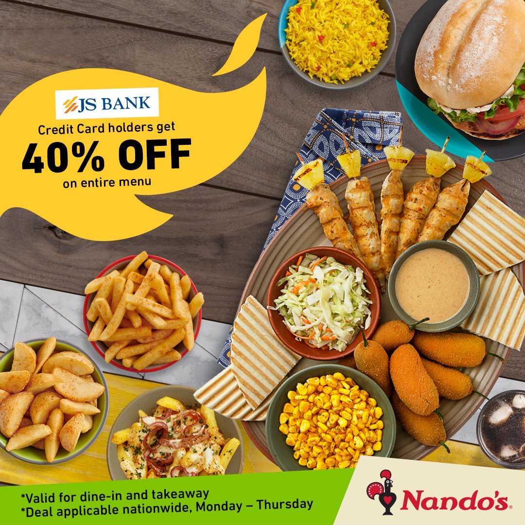 Get 40% OFF the entire menu at Nando's on all JS Bank credit cards - Valid for Dine-in and Takeaway, nationwide - Applicable on all JS Bank credit cards - Maximum Discount Cap: Rs.5000 - Valid from Mon–Thurs - Validity period:24th Jan–7th Mar'24 #NandosPK #FlameGrilled #PERiPERi