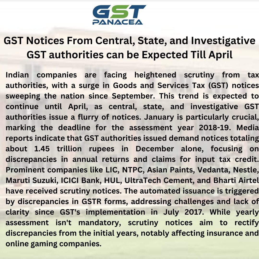 abhishekrajaram's tweet image. GST Notices From Central, State, and Investigative GST authorities can be Expected Till April

 #GSTNotices #StateAuthorities #Taxation #FinanceNews #TaxCompliance