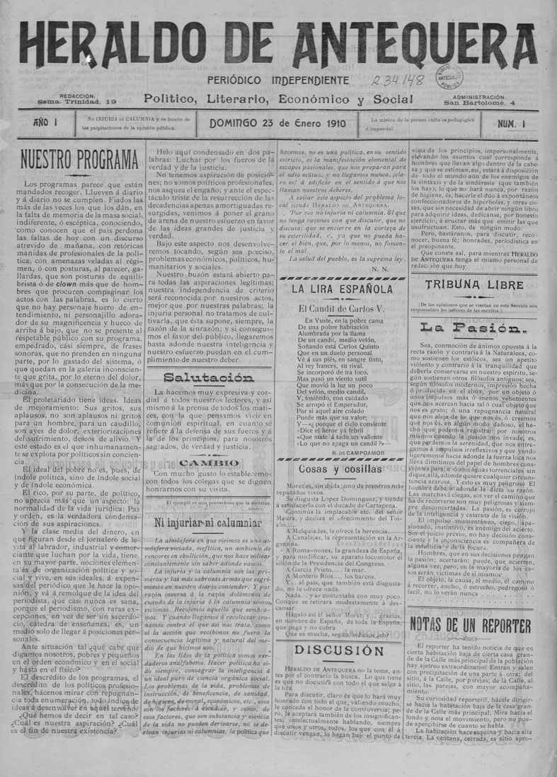 📆 #Efemérides #TalDíaComoHoy | 🗓️ #3Ene #Antequera
Año 1910. Empieza a publicarse “El Heraldo”, fundado por José León Motta.