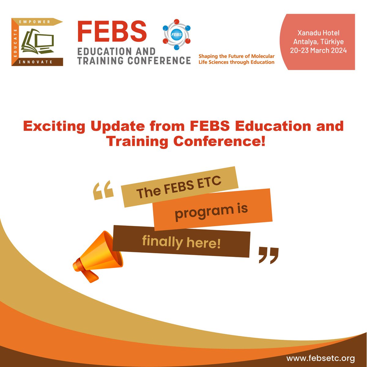 Exciting Update from FEBS Education and Training Conference!
The FEBS Education and Training Conference program is finally here! 
Early bird registration is still open – till Feb 12, 2024
Join us for an unforgettable learning experience: febsetc.org