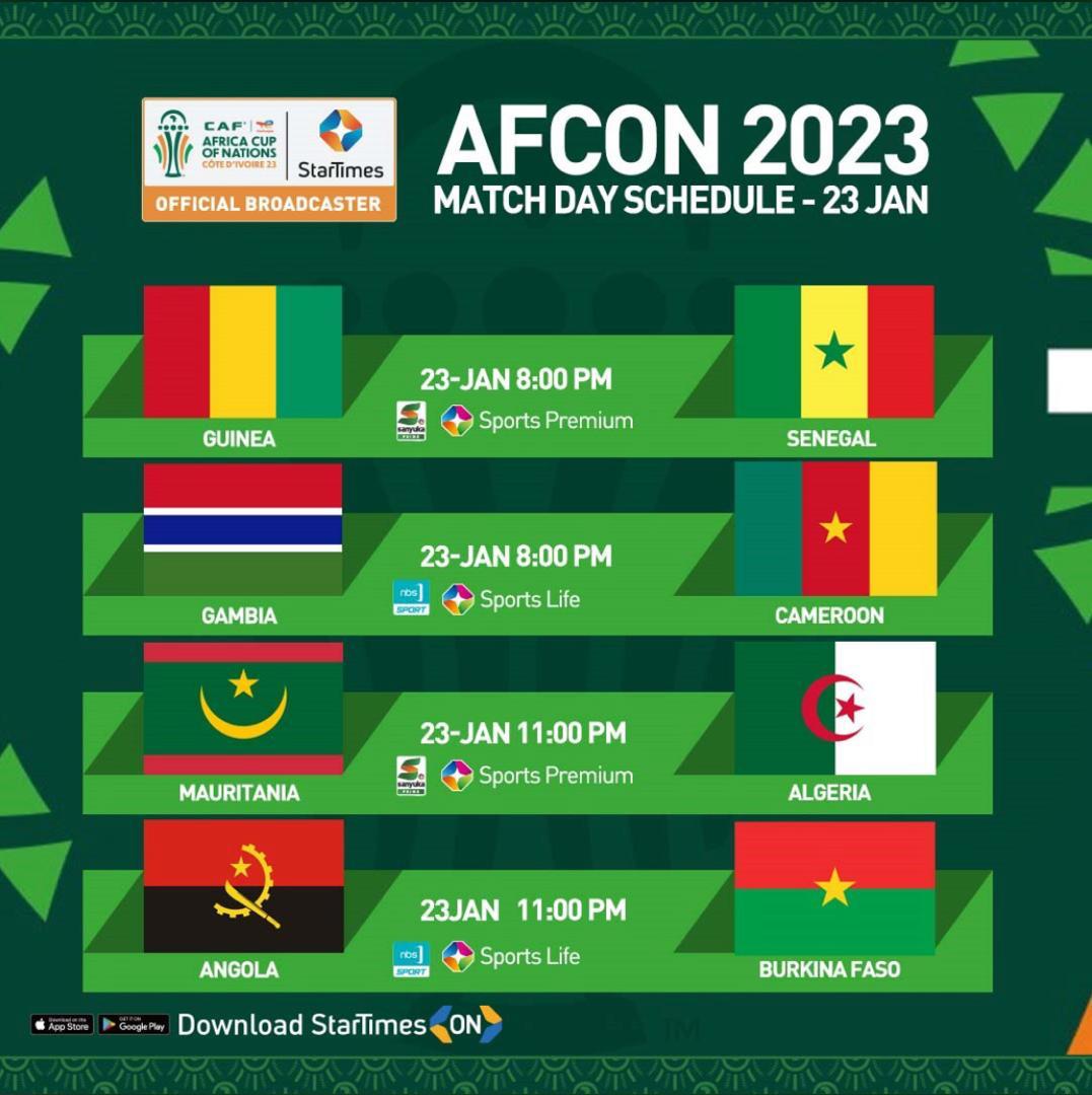 Take a look at AFCON matches happening today as the first matches are there at 8PM.
Watch all these matches live on Startimes Uganda at an affordable price of just 16K for a Copa Bouquet
#AFCONFfeAbagirina 
#All52MatchesLiveKulayisi
#AFCON2023