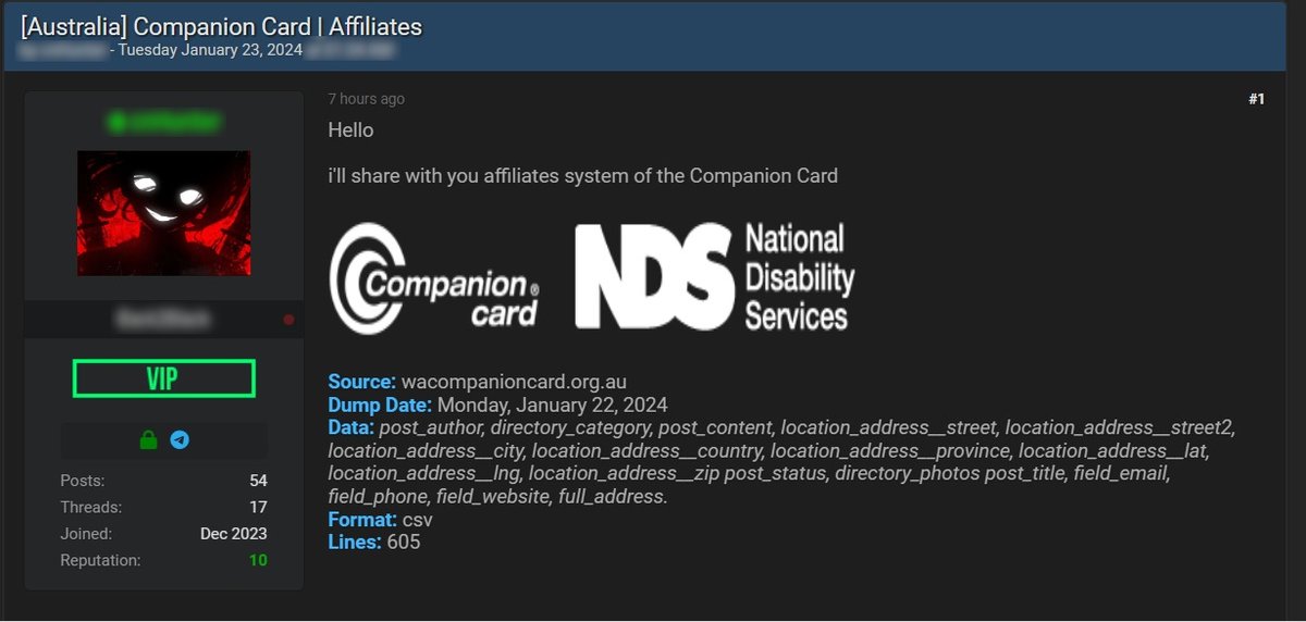 🚨 #DataBreach Alert ⚠️: Allegedly, the Companion Card WA - National Disability Services🇦🇺, suffered a breach exposing PII—605 lines of data. Threat actors claim responsibility on a well-known forum.

Stay vigilant🔐🛡️

#CyberPeace #Cybersecurity #CyberPeaceAlert #infosecurity