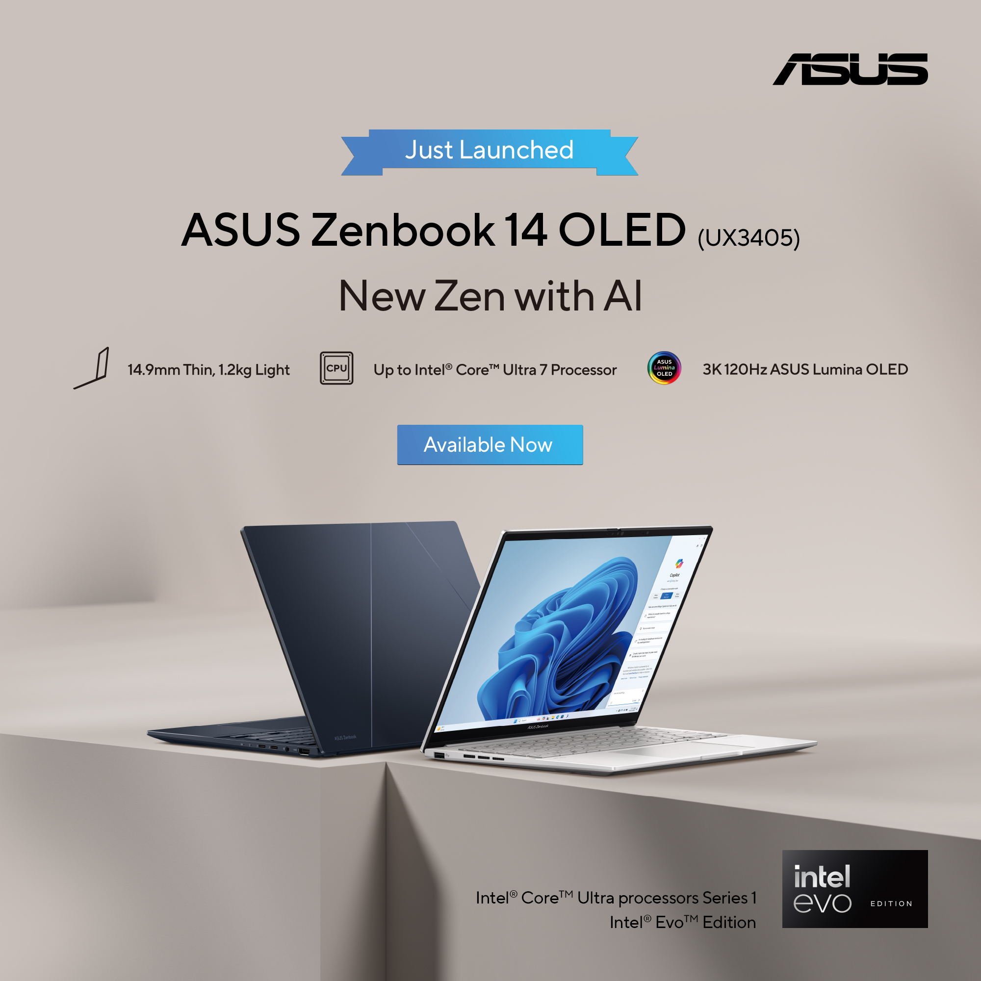 ASUS Zenbook 14 OLED (UX3405) Laptop, Intel Evo
