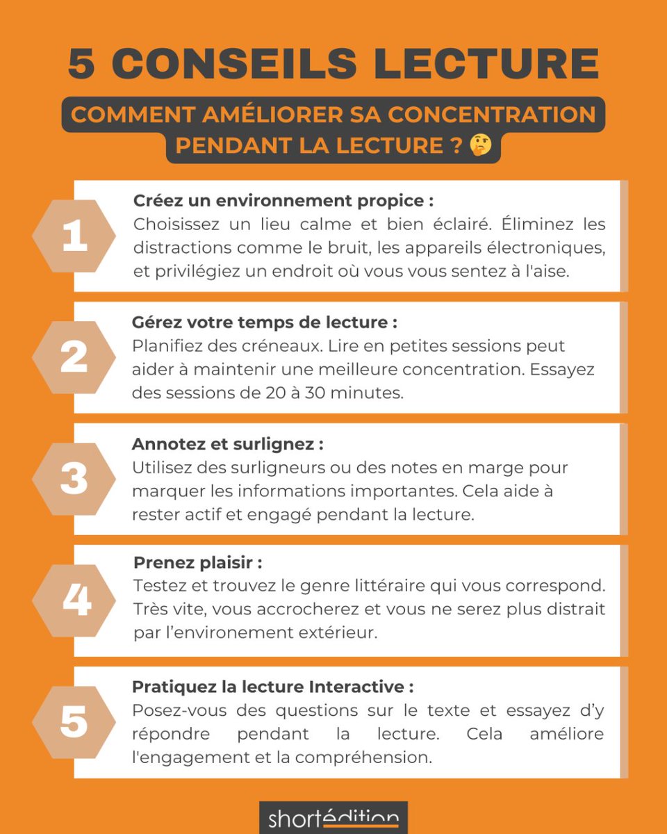 short_edition's tweet image. 💡 Reading Tips : comment améliorer sa concentration pendant la lecture ? Pas toujours facile de rester concentré pendant une session lecture ! Suivez ces conseils, vous verrez 💪
#ShortEdition #Conseilslecture #Livre #Littérature #ReadingTips #Books