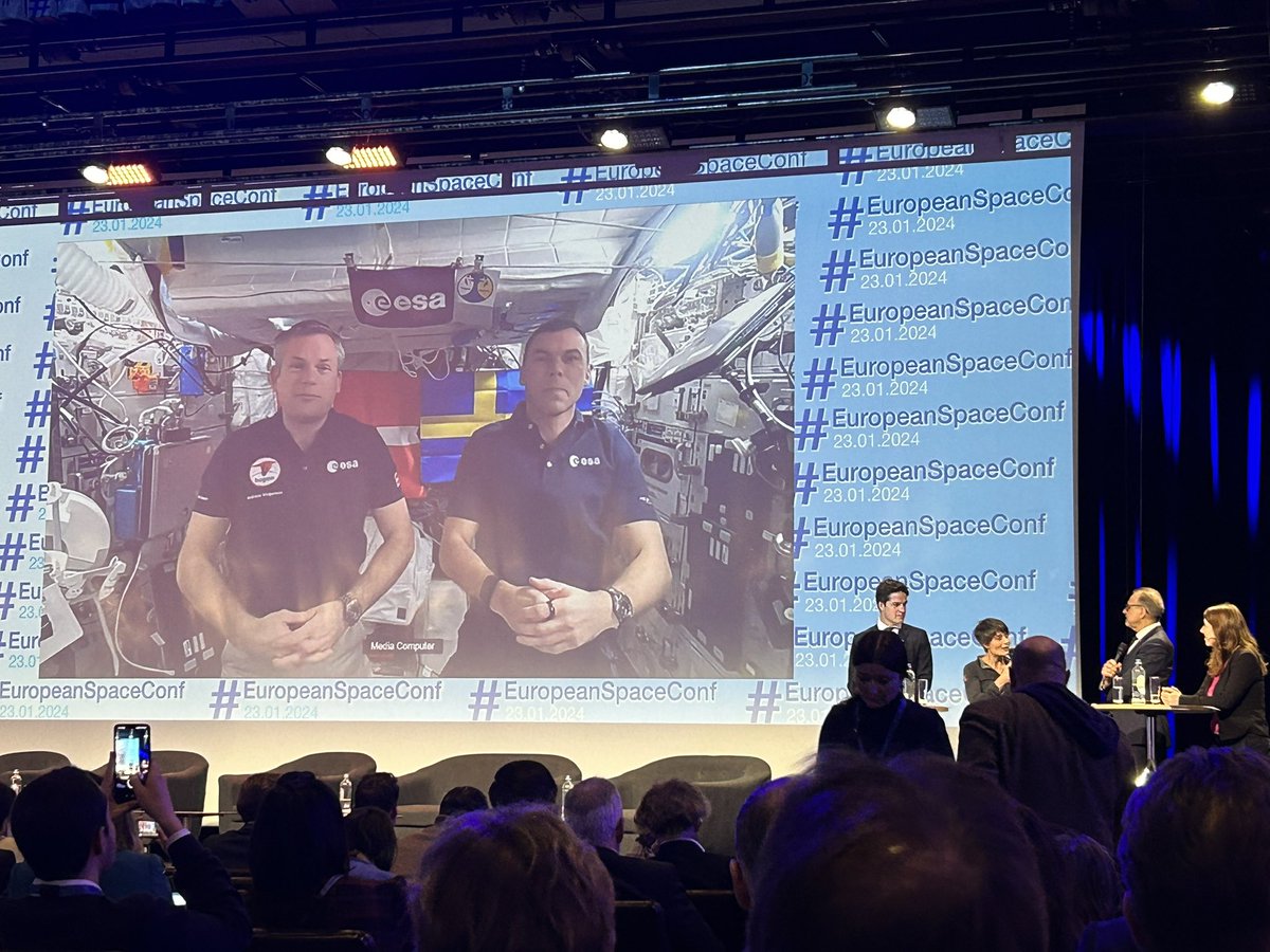 😎 Live telco with @esa European astronauts onboard the ISS at #EuropeanSpaceConf! Just like a normal telco… another option for teleworking in the future? 🤔