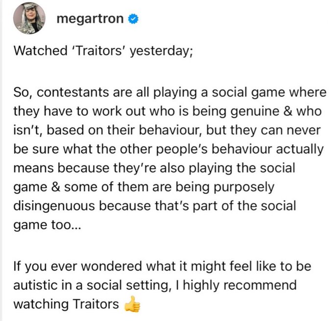 Traitors = just an average day in the life of autistic folk 👍 https://t.co/GbJuHjC9xd