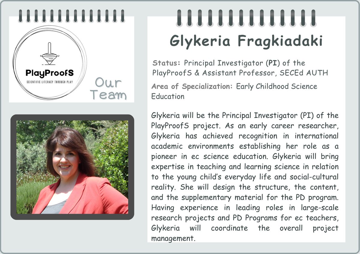 Dr Glykeria Fragkiadaki, as the Principal Investigator (PI) of the PlayProofS team! 

#PlayProofS #Science #PreschoolEducation #ScientificPlay #LearningThroughPlay