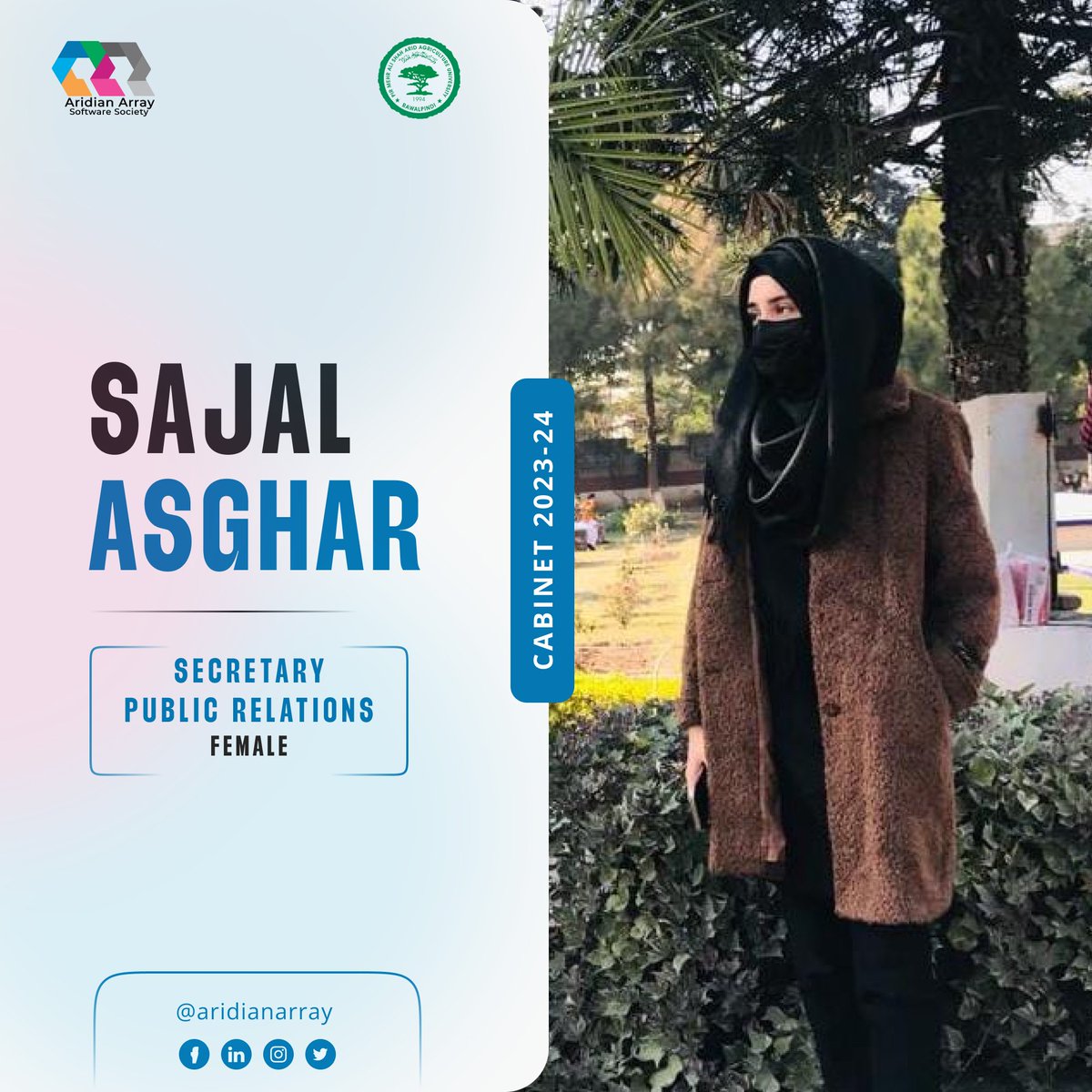 AridianArray's tweet photo. Sajal Ashgar, a new member from BS SE 3rd semester, takes charge of Public Relations (Female), adding a touch of feminine elegance to aridian array's public relations. With creative ideas and a passion for communication, Sajal promises a year of impactful and graceful outreach. https://t.co/Vax4JfrIZY