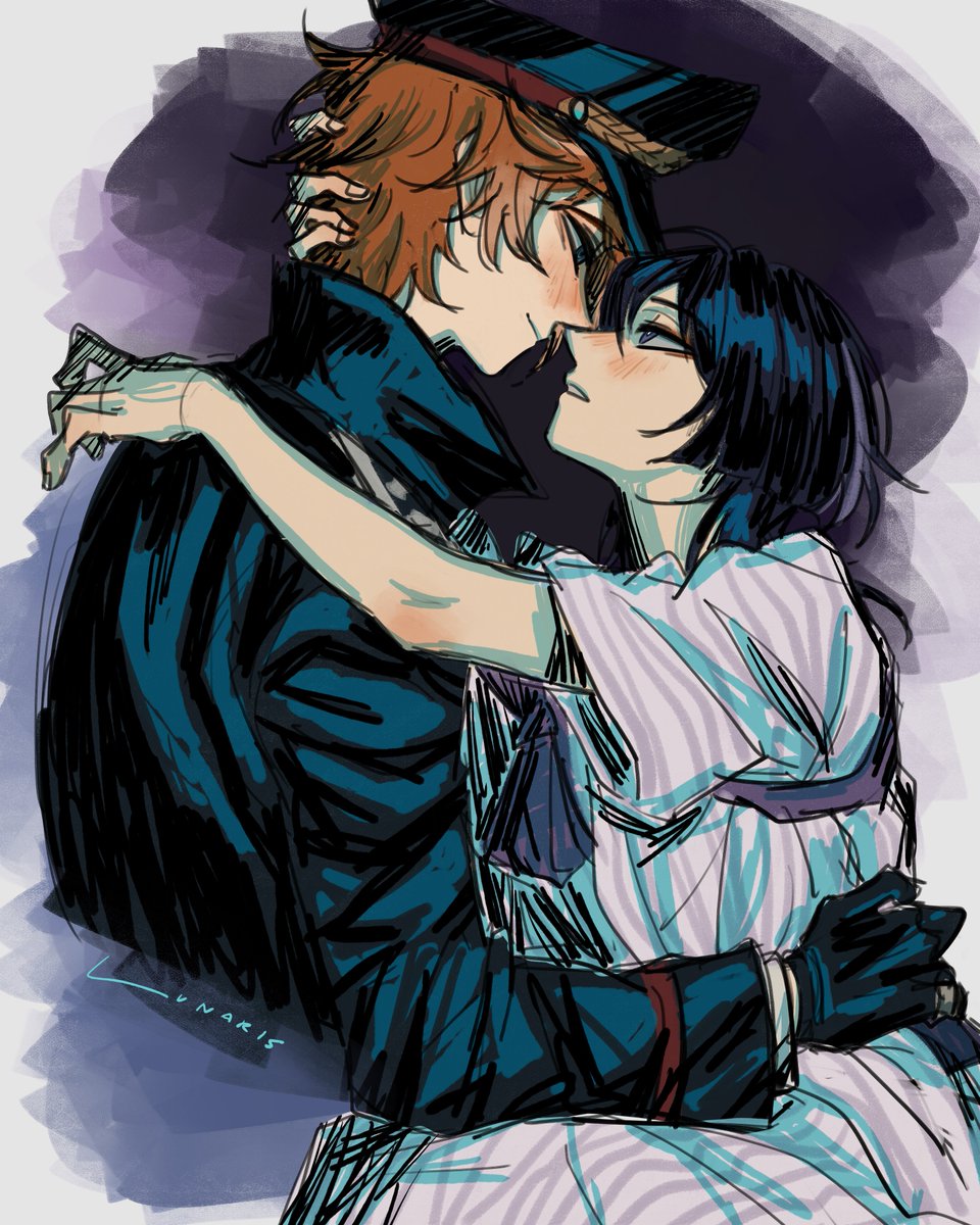 xXLunarisXx's tweet photo. military beta childe x simple commoner kabukimono as a forbidden gay couple in the 50's??? au? 👀 (not sure which timeline/year suits them more for this)   

i have so many ideas to draw for this au--  

#chiscara https://t.co/DWerl0Ecex