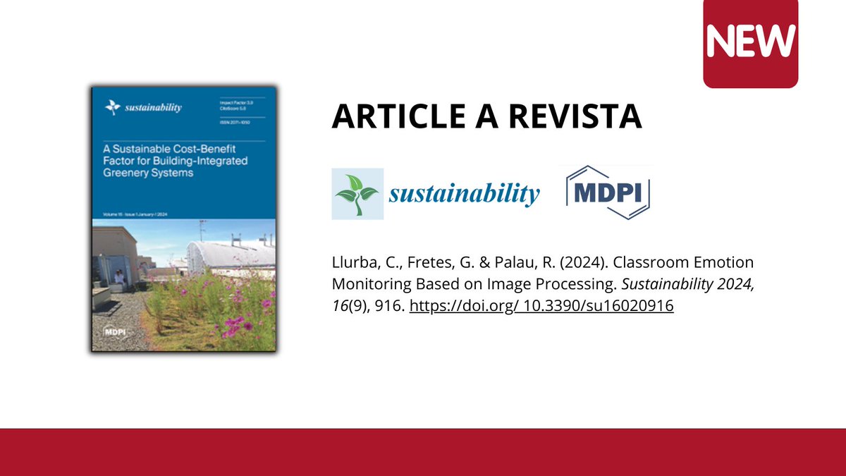 Publicació a Sustainability
Cèlia Llurba, Gabriela Fretes i Ramon Palau 

Classroom Emotion Monitoring Based on Image Processing researchgate.net/publication/37…

#ImageProcessing #EmotionRecognition #secondary #school #AcademicPerformance #students #PyFeat