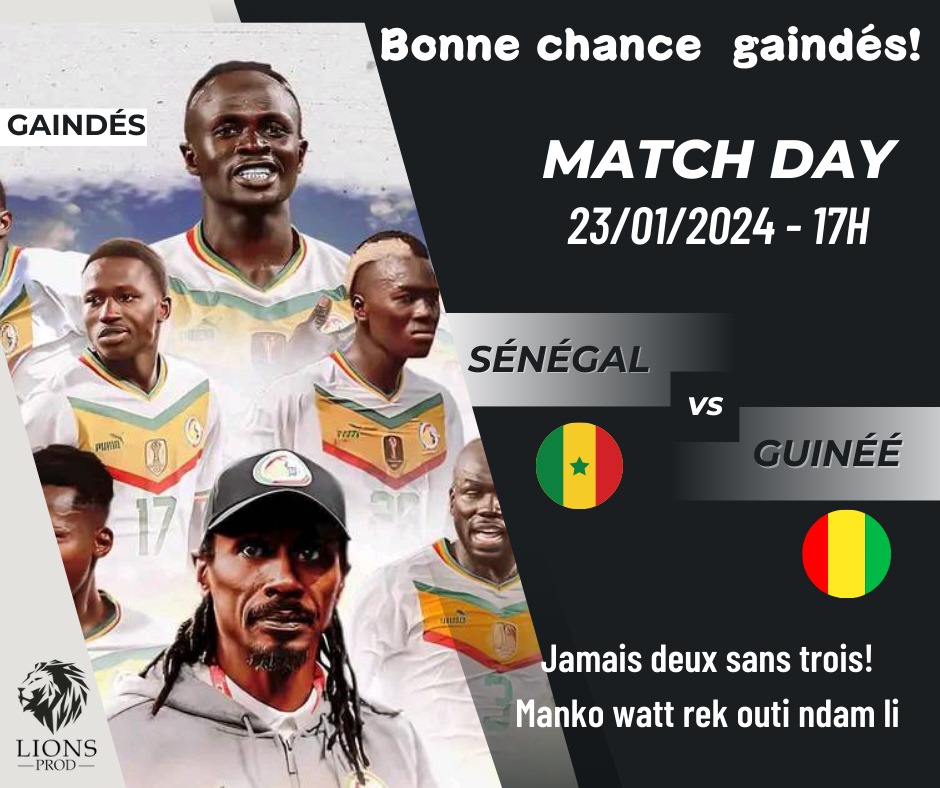 LionsProdSn's tweet photo. #JourDeMatch
Jamais deux sans trois.
Manko watt rek outi ndamli
Bonne chance gaindé!!
You can do it!
#coupedafrique #can2023 #équipenatinalesénégal #sport #footballafrique #lionsdelatéranga #lionsprod #kébétu https://t.co/hvXZizlGFP
