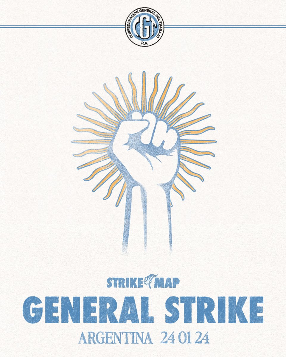 Tomorrow, there is a general strike in #Argentina in opposition to the neo-liberal attacks of President Javier Milei.

At #StrikeMap, we are proud to be a part of a global movement that sends solidarity greetings to all taking part. 

✍️Add your support to this statement by