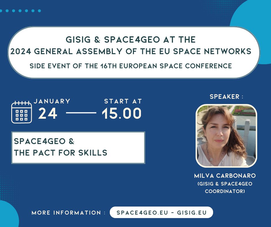 Follow @GISIG and @SPACE4GEO at the General Assembly of the @EU Space Networks 2024, a side event of the 16th European Space Conference 2024 organized by @BBE_Europe! spaceconference.eu #EuropeanSpaceConf