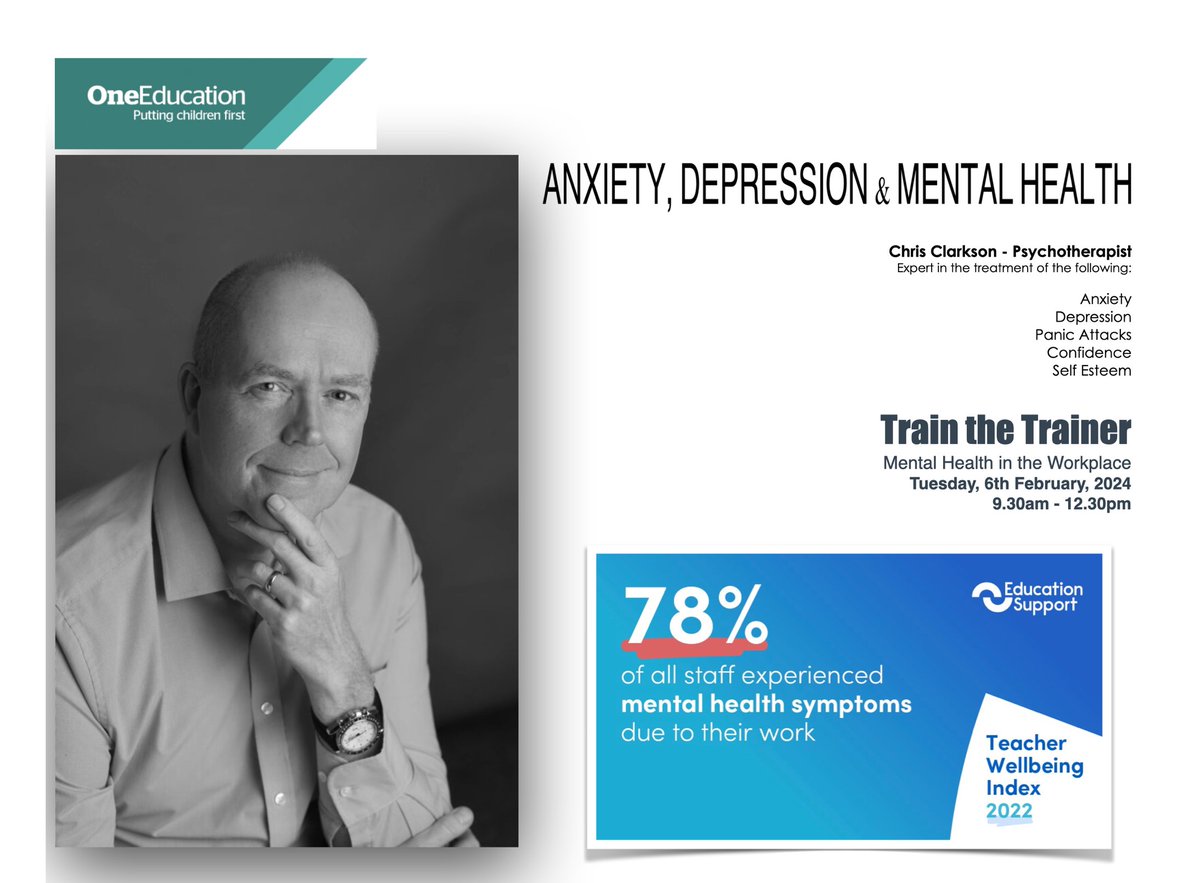 👇School &amp; Academies 6th Feb 2024 <a href="/OneEducation/">One Education</a> 'Train The Trainer Mental Health at Work'
Chris Clarkson expert Psychotherapist will join us to share powerful techniques to reduce anxiety &amp; stress  #TeamMSI <a href="/EdSupportUK/">👩‍🏫 Education Support 👨‍🏫</a> <a href="/jade_walwyn/">Jade Walwyn</a> sign up here ....> oneeducation.co.uk/event/train-th…