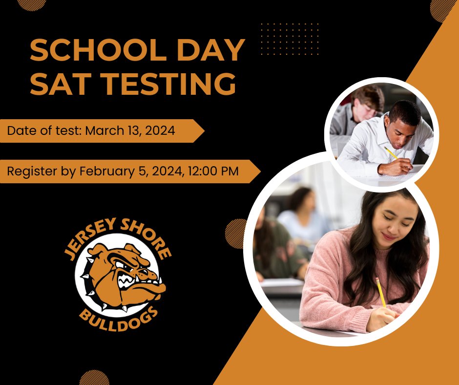 On Wed., March 13, the SAT test will be given at the high school. If you are interested, please use the form in the link. Return the completed form & payment to the guidance office by 12 PM Feb. 5th. See your counselor with questions. shorturl.at/blvUX #JSBulldogNation