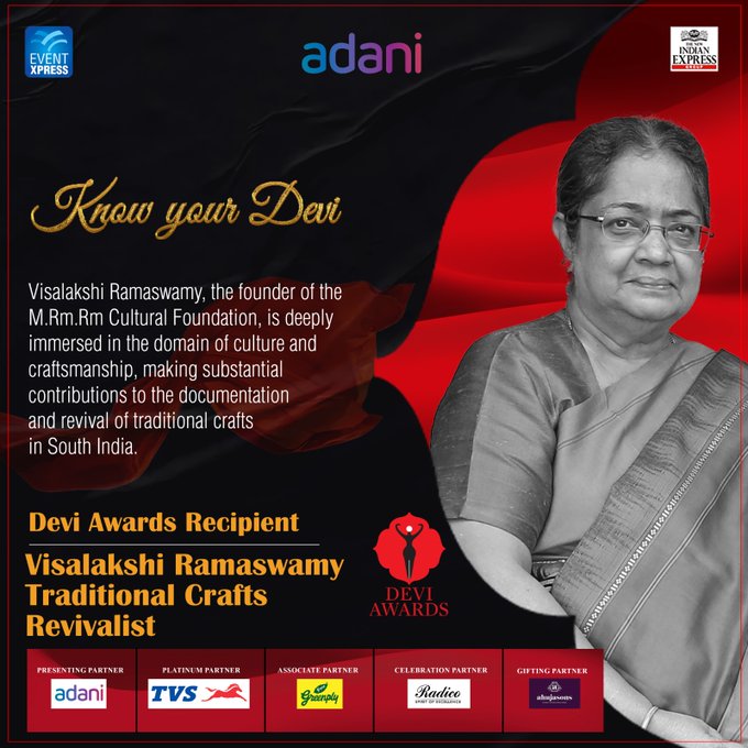 #KnowYourDevi: Visalakshi Ramaswamy,Traditional Crafts Revivalist  #DeviAwards #DeviAwardsChennai

@NewIndianXpress

@Eventxpress
@PrabhuChawla
@AdaniOnline
@sudhirsrinivasn