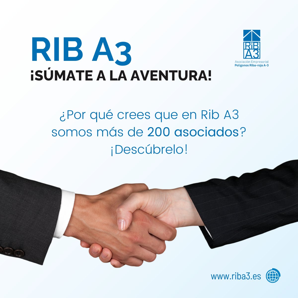 ¡Descubre porqué en Rib A3 somos más de 𝟮𝟬𝟬 𝗮𝘀𝗼𝗰𝗶𝗮𝗱𝗼𝘀 y súmate a esta aventura!

➡️ riba3.es/bienvenida/