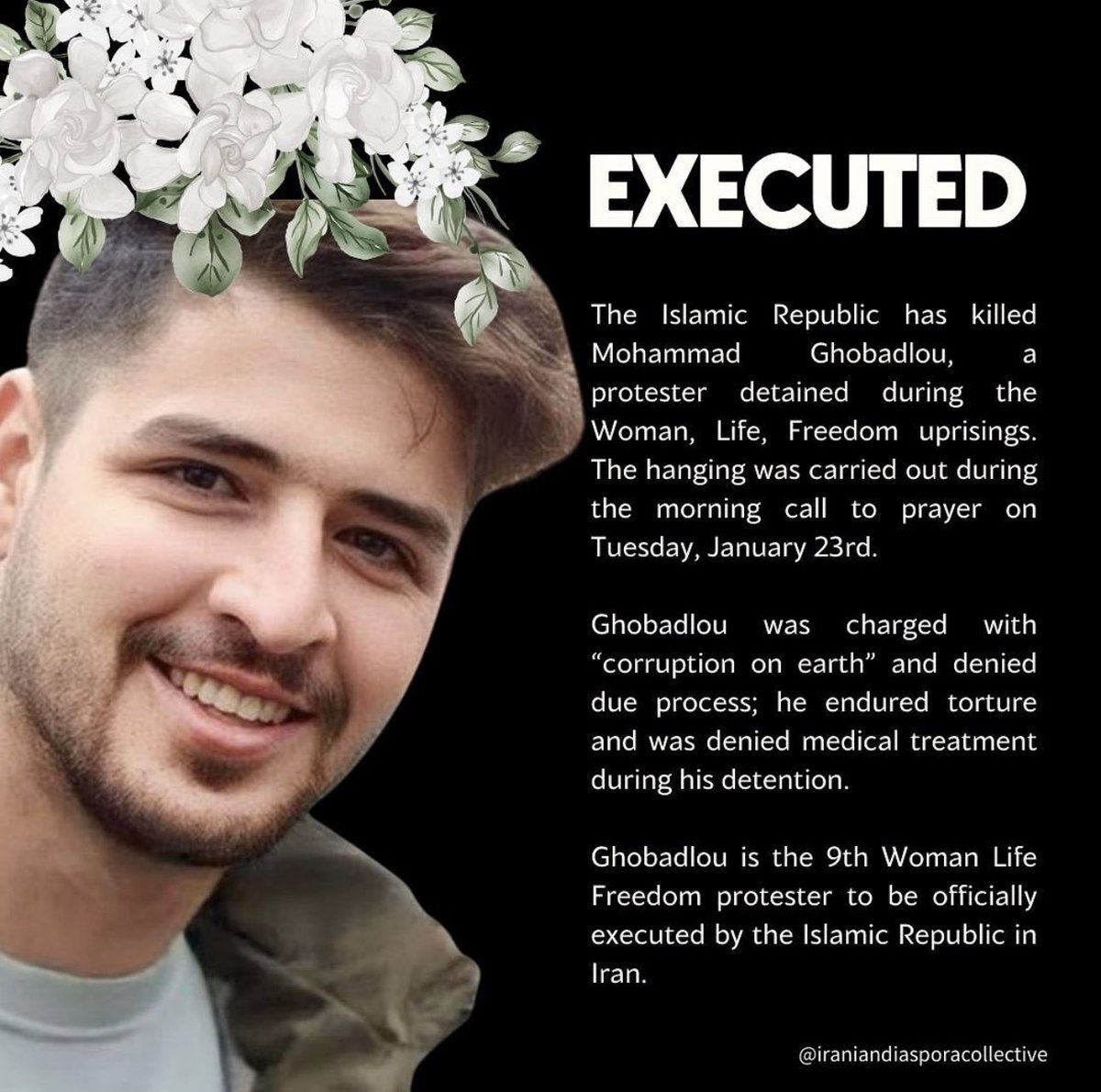 İslam Cumhuriyeti, bu sabah ezan okunduktan sonra Muhammed'i idam etti.
Katil mollalar her gün bir genci öldürüyor.
#MohammadGhobadlou