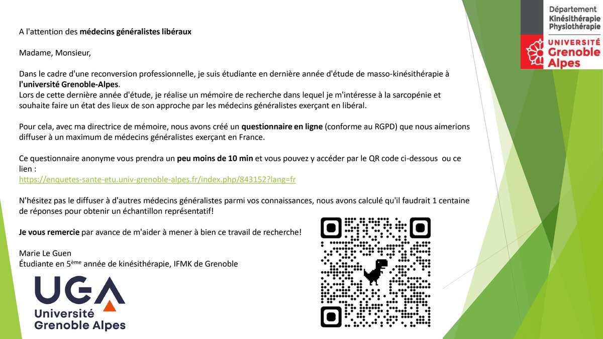 A votre bon coeur : pour aider une étu !
📢 Cher(e)s médecins généralistes libéraux, votre expertise est inestimable! 🌐 Travaillant sur la sarcopénie pour mon mémoire de  recherche, j'ai besoin de votre contribut°
Votre expertise est cruciale! 🩺💪
…etes-sante-etu.univ-grenoble-alpes.fr/index.php/8431…