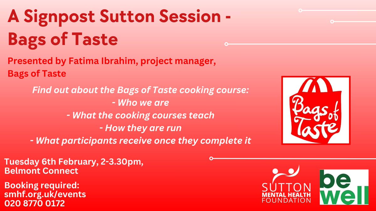 SuttonMHF's tweet photo. Join us for our next #SignpostSutton session...#BagsofTaste presented by Fatima Ibrahim.
Find out more about this exciting project during this session!!
@BagsofTaste

🗓 Tues 6th Feb
🕑 2PM - 2:30PM
📍Belmont Connect 

*Booking Required*
020 8770 0172
https://t.co/F8bXPGfCty https://t.co/1dUE9SHLPi