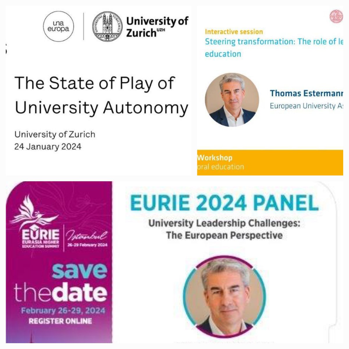 Thomas Estermann (@thomasestermann) on Twitter photo 3 events coming up. Red thread will be #autonomy #leadership #international collaboration #EuropeanUniversitiesInitiative #EuropeanUniversityAlliances
<a href="/Una_Europa/">Una_Europa</a> lecture <a href="/UZH_en/">University of Zurich</a> #Zurich
<a href="/EURIESUMMIT/">EURIE SUMMIT</a> #EURIE2024 #Istanbul
#cdeWS2024 on #doctoraleducation <a href="/CharlesUniPRG/">Charles University</a> #Prague 3 events coming up. Red thread will be #autonomy #leadership #international collaboration #EuropeanUniversitiesInitiative #EuropeanUniversityAlliances
<a href="/Una_Europa/">Una_Europa</a> lecture <a href="/UZH_en/">University of Zurich</a> #Zurich
<a href="/EURIESUMMIT/">EURIE SUMMIT</a> #EURIE2024 #Istanbul
#cdeWS2024 on #doctoraleducation <a href="/CharlesUniPRG/">Charles University</a> #Prague