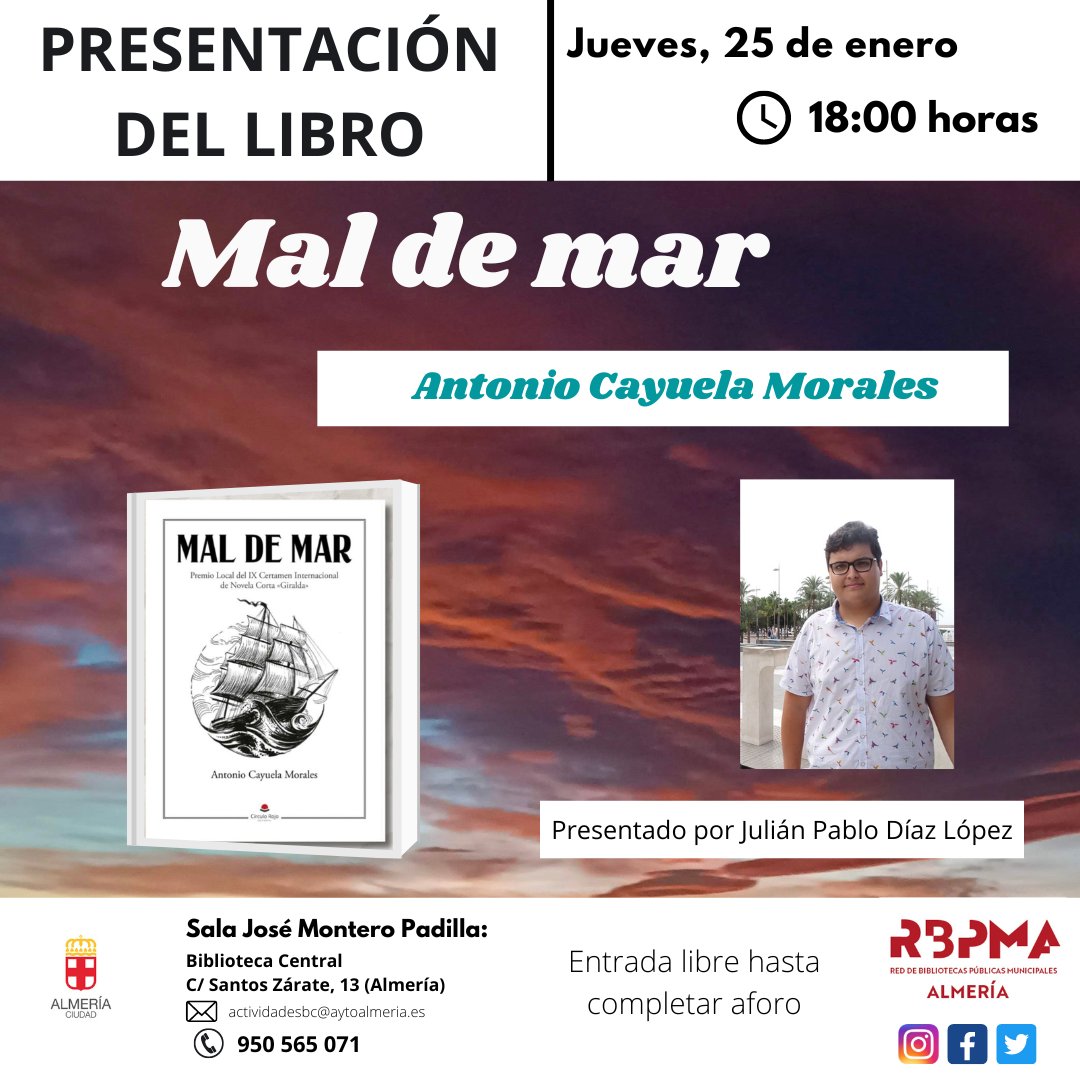 BiblioCentralJM's tweet photo. 📷Este jueves recibimos en la Biblioteca Central a Antonio Cayuela Morales que presenta su primera novela, presentado por el doctor en Historia Moderna Julián Pablo Díaz López.
📅Jueves, 25 de enero. 
⏰18:00 horas
@aytoalm @Culturalmeria https://t.co/Jz1hBFKI4V