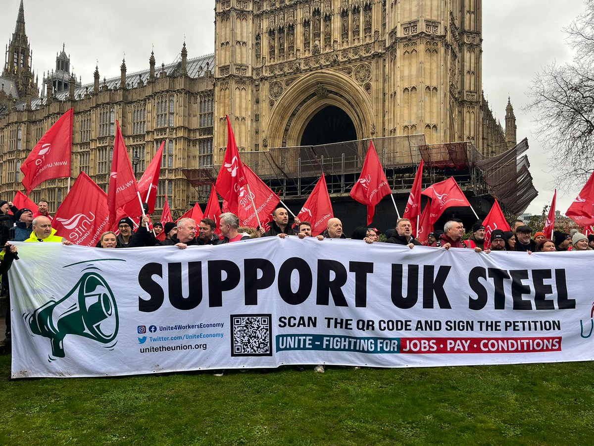 UniteSharon's tweet photo. .@unitetheunion steelworkers are at Westminster as Parliament debates #PortTalbot job cuts. With the right investment, linked to job guarantees, the UK can become the green capital of steel, creating jobs not losing them. Unite will protect workers by all and every means.#UKSteel https://t.co/MDtErx6QaC