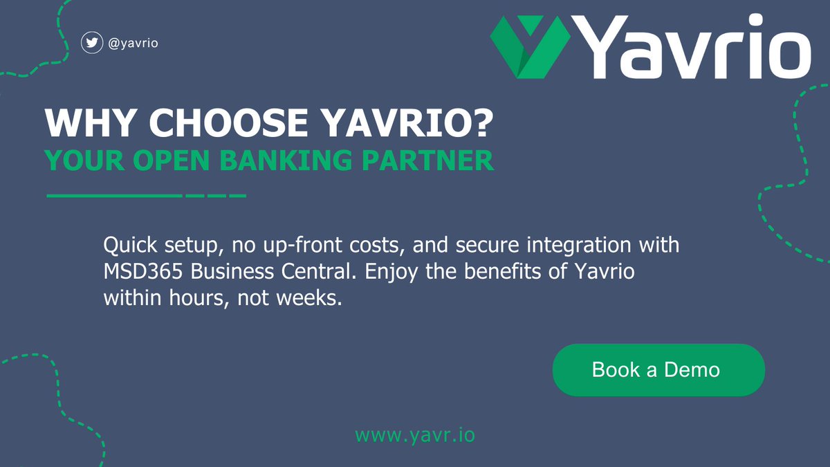 Transform your payments with Yavrio, your Open Banking partner. 
Quick setup ⏱️, no up-front costs 💷 and secure integration with #BusinessCentral. 🔒 
Get results within hours with Yavrio! 👌
Find out more at yavr.io

#Yavrio #OpenBanking