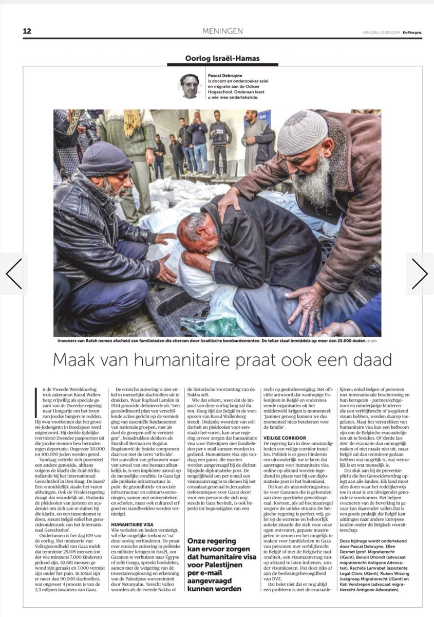 Vandaag in DM, een pleidooi voor het mogelijk maken van aanvragen humanitaire visa voor Palestijnen met familie in België. Samen met Benoit Dhondt, Ellen Desmet, Kati Verstrepen, Ruben G. L. Wissing-Blauwblomme &amp; Rachida Lamrabet.  demorgen.be/meningen/maak-…

#Gaza #HumanitaireVisa