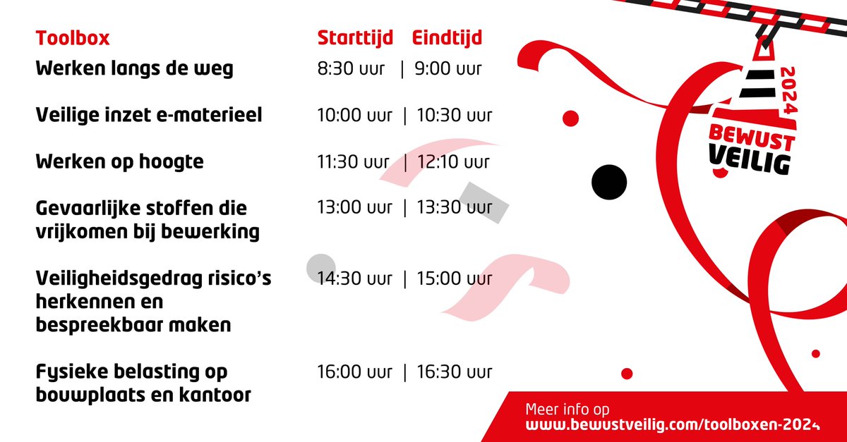 Schrijf je in voor onze toolboxen! 👷

Op de Bewust Veilig-dag 2024 op 27 maart organiseren we liefst zes toolboxen. Meer informatie over de inhoud van de toolboxen én het inschrijfformulier vind je op bewustveilig.com/toolboxen-2024/!✍

#bewustveilig2024 #bewustveiligdag