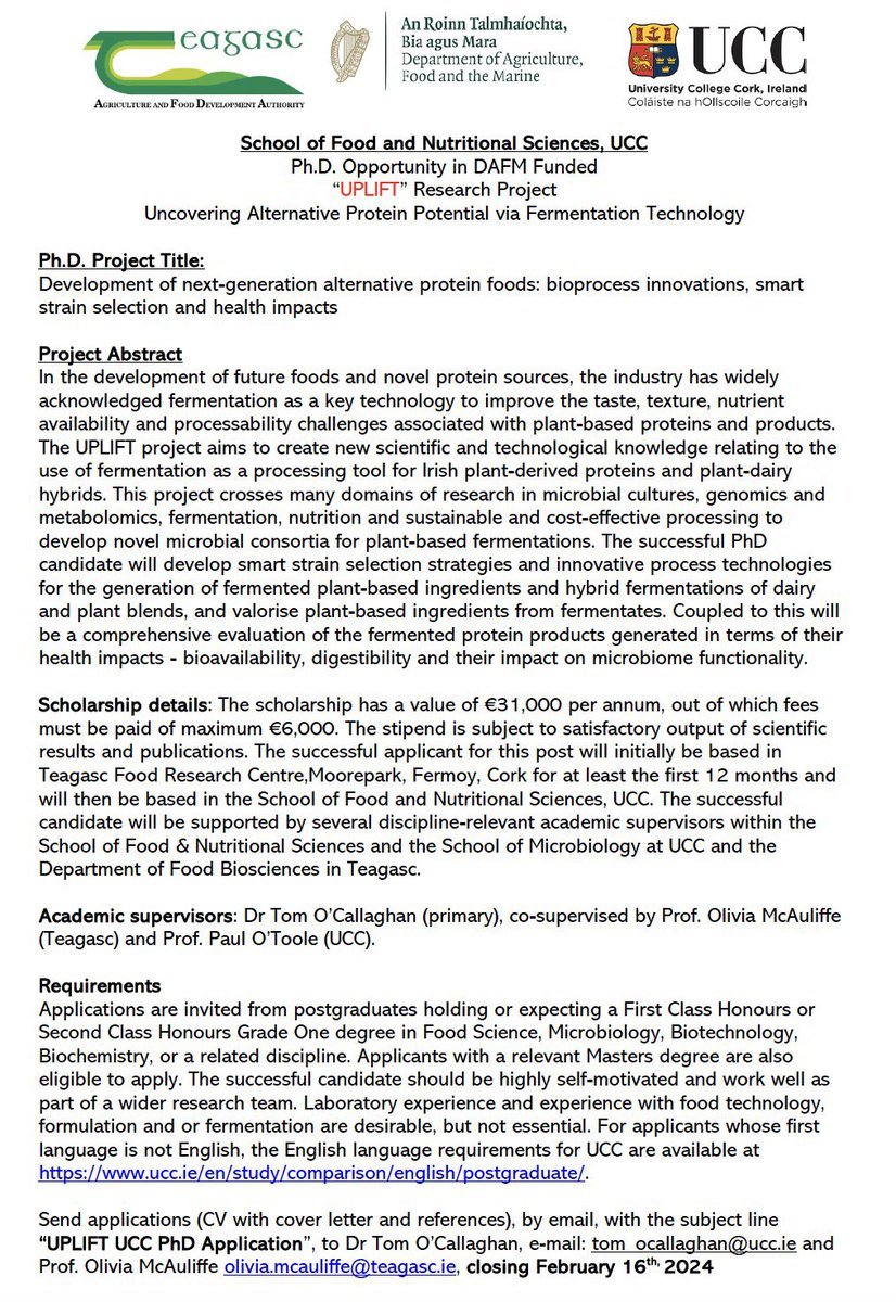 Come join the #UPLIFT team who are developing next-generation alternative protein foods through fermentation - new @agriculture_ie-funded PhD opportunity available at @fnsucc @teagasc together with @OTomoc ! #fermentation #bioprocessing #alternativeproteins