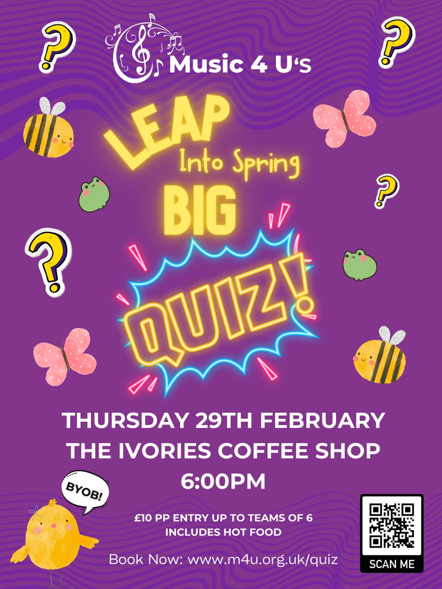 🐣❓Looking for something to do on that extra day of the year this February!? Well, look no further! Come LEAP into Spring with us and help us raise funds for Music 4 U at our BIG QUIZ! 👉 m4u.org.uk/quiz 👈
