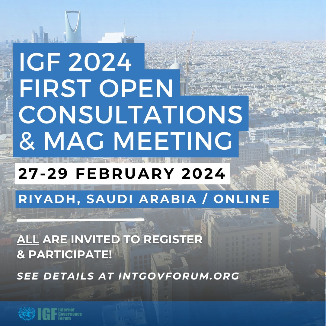 The #IGF2024 planning process officially kicks off with the 1st Open Consultations & MAG Meeting: Don't miss being a part of the conversation! 🗓️27-29 February 2024 ✏️Register Here bit.ly/48H4iDv #IGFMAG