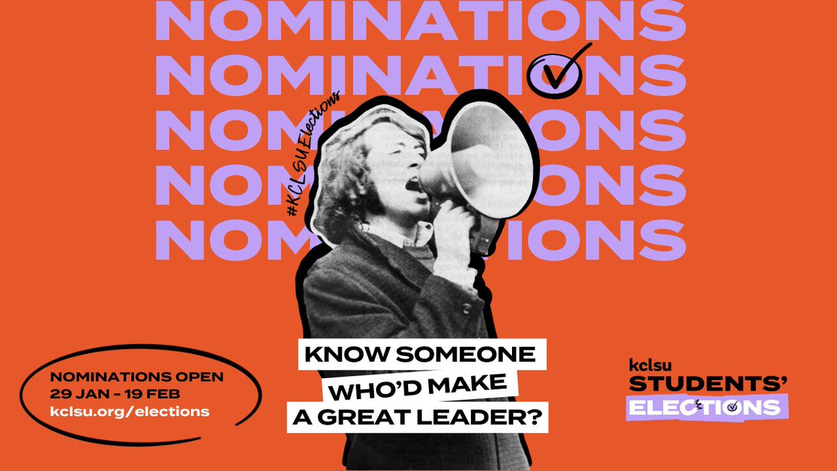 Know someone who'll make an excellent student leader? KCLSU Students’ Elections are coming soon. Recommend a friend and let them know why they should step forward and begin their leadership journey. ow.ly/96uq50Qtv06 #kclsu #kcl #kclsuelections