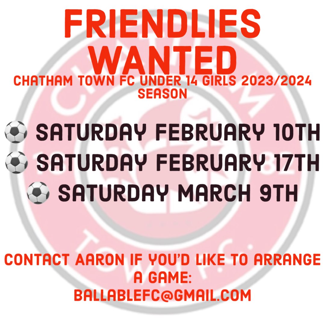 Aaron Kempster (@ak47sorare) on Twitter photo Chatham Town FC U14 Girls are looking for friendlies on the dates shown.
Please get in touch if you’re interested.
Ideally looking to play other <a href="/JPL_WARRIORS/">JPL Warriors 🛡️</a> teams if possible.
<a href="/WoSo_Friendlies/">WoSo Friendly Finder</a> Chatham Town FC U14 Girls are looking for friendlies on the dates shown.
Please get in touch if you’re interested.
Ideally looking to play other <a href="/JPL_WARRIORS/">JPL Warriors 🛡️</a> teams if possible.
<a href="/WoSo_Friendlies/">WoSo Friendly Finder</a>