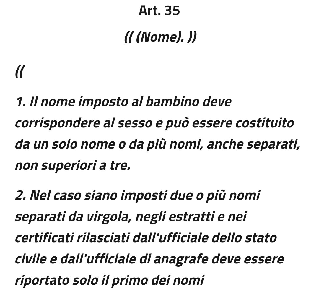 lulutvb's tweet photo. @RHCPepper2 Dal dpr 396/2000 sull'ordinamento dello stato civile 😊 (quindi sì, dovresti poter dare due nomi intervallati da una virgola) https://t.co/1eRoKRswXJ