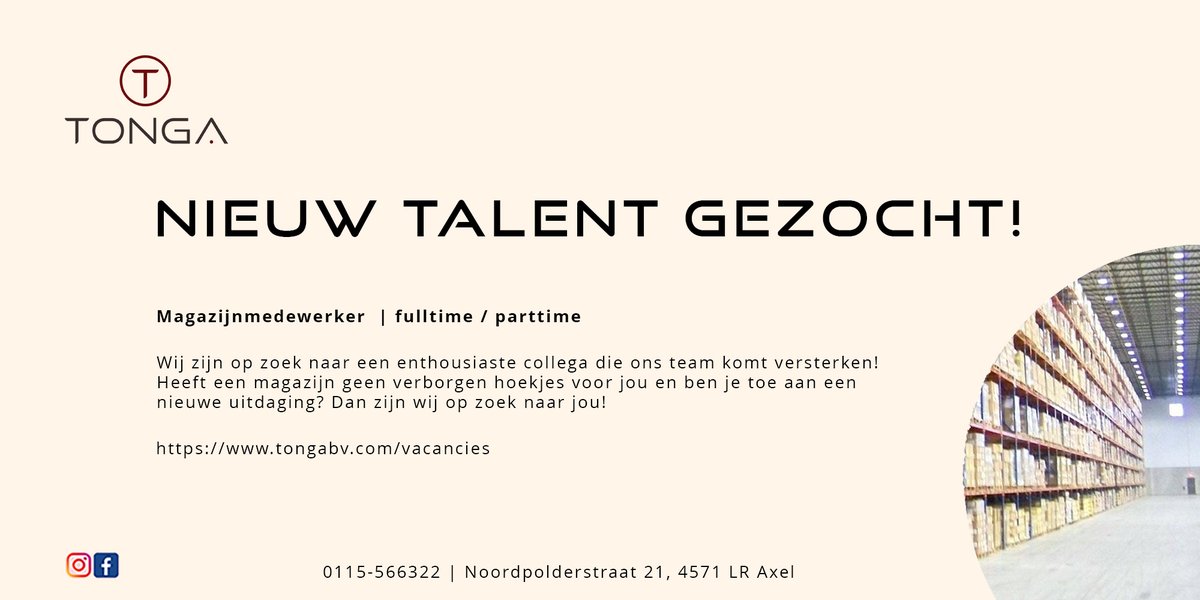 Ben jij of ken jij?? #magazijnmedewerker #vacature #kombijonswerken #Axel tongabv.com/vacancies