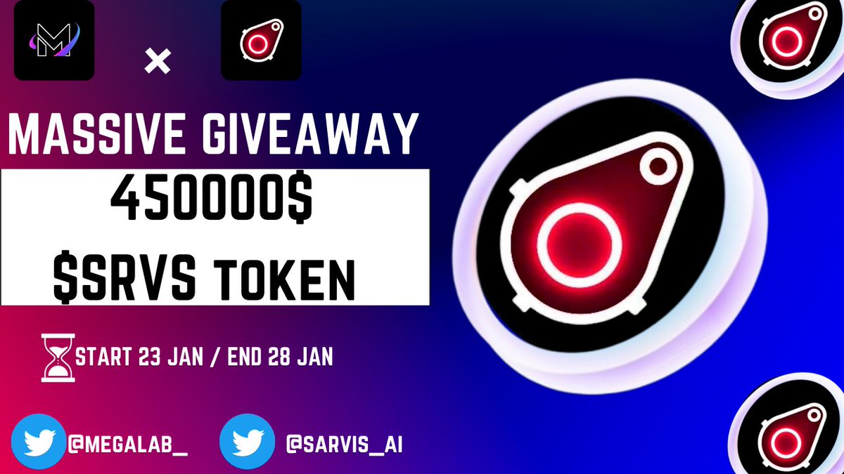 Sarvis Al X MEGA LAB #Airdrop 🎉 🎁 Prize Pool › 450000 $SRVS Token ( #FCFS ) To Enter:- ✅ Follow @sarvis_ai ✅ RT & Tag 3 Friends ✅ Complete #From ⤵️ docs.google.com/forms/d/e/1FAI…. ⌛ End 28 Jan. #Airdrop #Giveaway #Crypto #FCFS #Megalab #SarvisAl