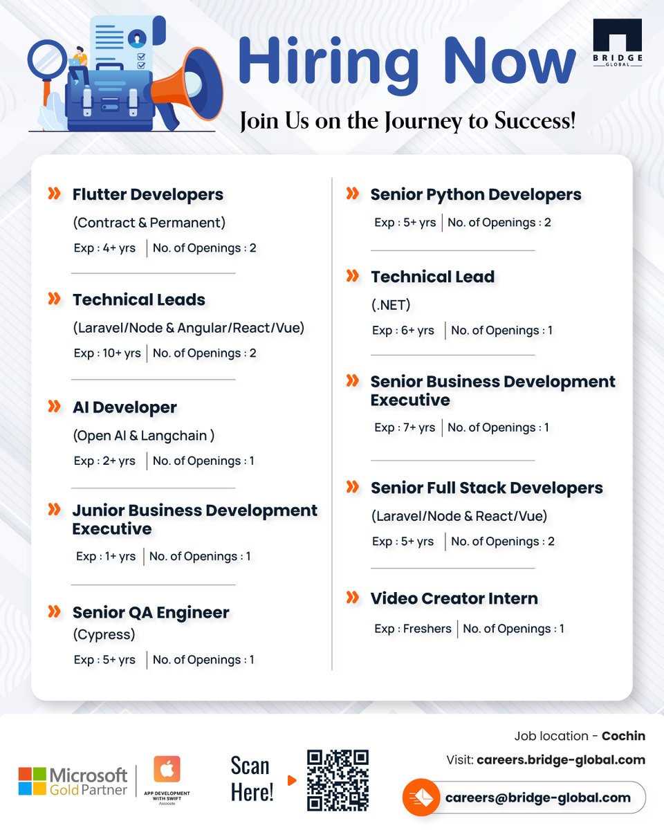 Ignite your career with us! Be part of a dynamic team, shaping the future of tech. Explore roles and JD at careers.bridge-global.com. Send your CVs to careers@bridge-global.com!

#hiringalert #hiringimmediately #flutterdevelopers #pythondevelopers #technicallead #aideveloper