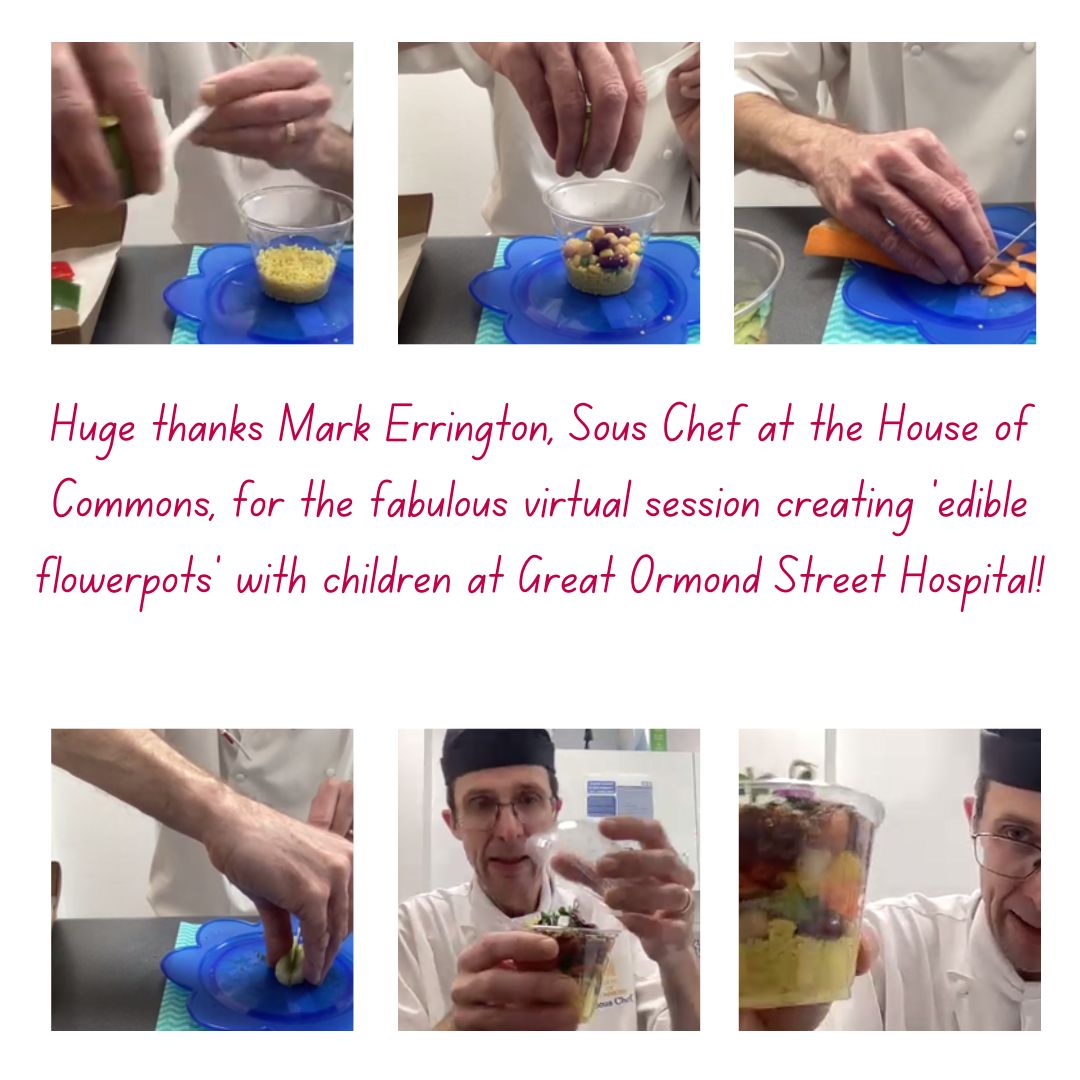 Long-term supporter, Mark Errington, Sous Chef @UKParliament masterfully demonstrated 'bridge' & 'claw' to children on wards @GOSH_School creating 'edible flowerpots' layering up couscous, pulses, quinoa, crunchy veg, seeds - finished with beautiful edible violas. Good job chefs!