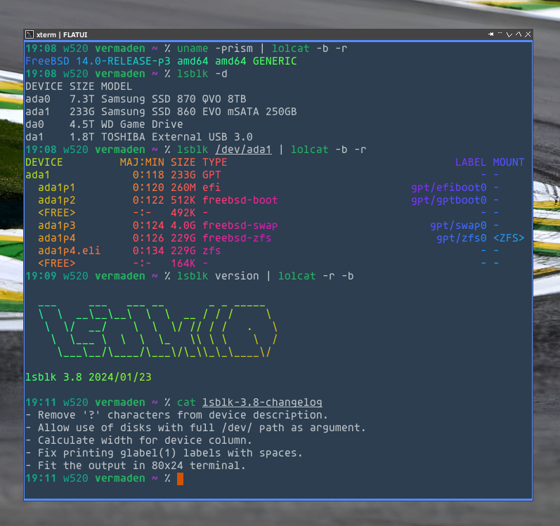 vermaden's tweet photo. New 'sysutils/lsblk' version 3.8 will soon hit the #FreeBSD Ports.

Changelog of improvements on the screenshot.

You can also fetch directly at https://t.co/D0ls4IBRNT project page.

#verblog #freebsd #lsblk #geom #storage #data https://t.co/GKWTycj8SF