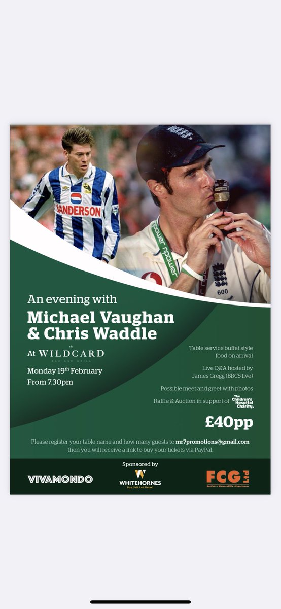 Don’t miss an evening with England’s Ashes-winning captain @MichaelVaughan who is joined by his footballing hero, Ex-Wednesday & England legend @chriswaddle93 At Wildcard - Monday 19th Feb 7.30pm In support of @SheffChildrens #swfc #cricket #sheffield