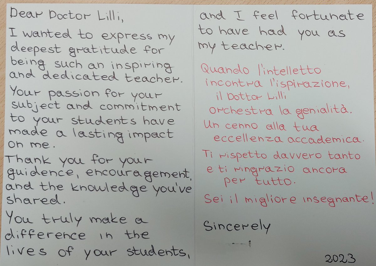 BEST MESSAGE A STUDENT COULD SEND YOU. As a teacher, and a human (I challenge any AI system to get this kind of feedback from its students!), I do not think there is anything more rewarding than receiving a card by one of your student expressing such feelings and gratitude.