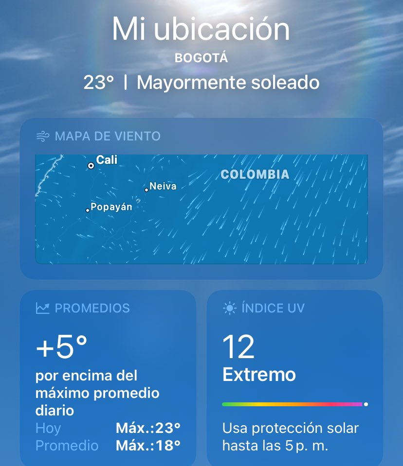ProfeLRodriguez's tweet image. Está brava la temperatura en Bogotá, 23 grados a esta hora, la cual es muy alta para una ciudad sobre 2.600 msnm.
Pero lo más grave es l radiación solar tan fuerte, como se aprecia en las imágenes. Por favor, no olvide el bloqueador solar y use gorra que proteja cara y cuello.