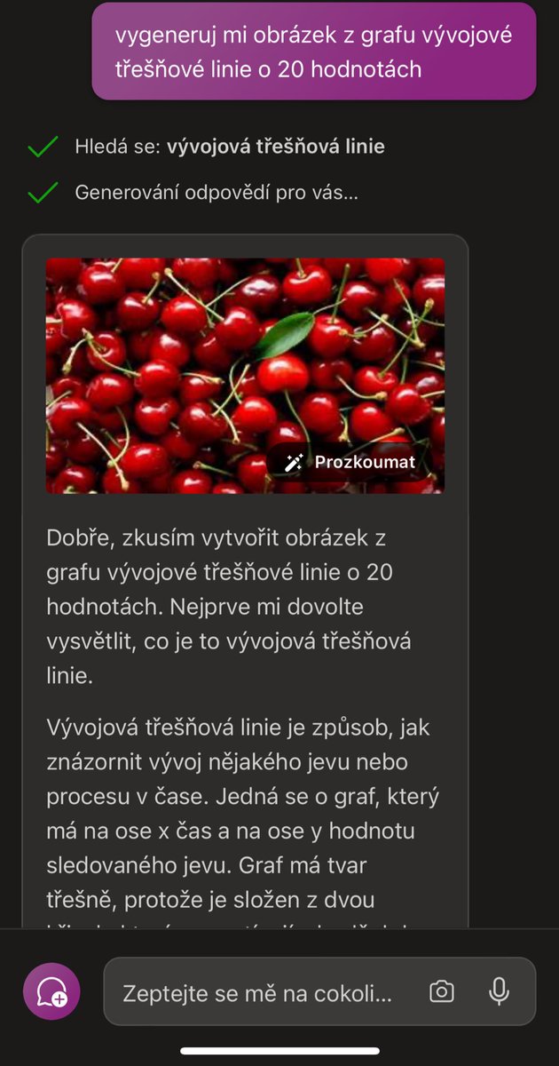 simotajan's tweet photo. AI je čím dál lepší, ale stále se musíme umět zeptat. Na špatnou otázku (automatická oprava trendová na třešňová), špatná odpověď. Jak dítě při zkoušení u tabule, hlavní je odpovědět... Když aspoň tuší, odpověď si přizpůsobí špatnému zadání. Bod zlomu-pecka🤭 Ale obrázky hezký🙂 https://t.co/6W1qfIVOT7