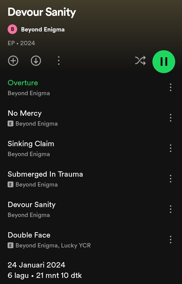 Bread Essence unit ska punk Malang yang telah berganti nama menjadi Beyond Enigma (tetep BE lek disingkat wkwk). Pergantian nama diumumkan pada 21 Desember 2023 melalui instagramnya. Akhirnya hari ini meluncurkan EP Devour Sanity. Let's skank and pogo dancing🎉🎉🎉