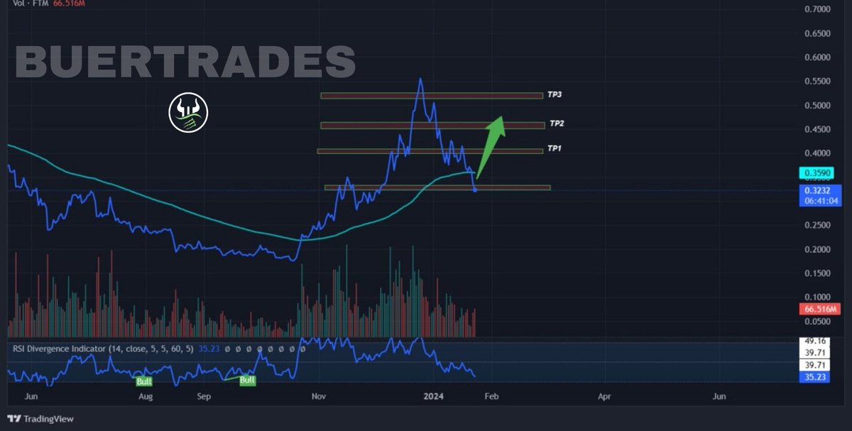 Teambuertrades's tweet photo. SPOT TRADE 📈 - $FTM

I've been closely monitoring $FTM, and it seems we are ready for another spot call. $FTM is receiving strong support at this significant point on the Daily TF, coupled with reduced selling pressure. Considering its price action, a substantial upward movement is expected soon

✅️ENTRY POINTS:
- 0.3100  
- 0.2800
- 0.2300

🎯TARGET PRICES:
- 0.4050 🎯  
- 0.4525 🎯  
- 0.5250 🎯  

**IMPORTANT NOTE:**  
As the analysis was conducted on a higher time frame, it may take some time for the price to reach all its targets. Consequently, it is advisable to refrain from investing your entire portfolio in spot trading and allocate a smaller portion instead.