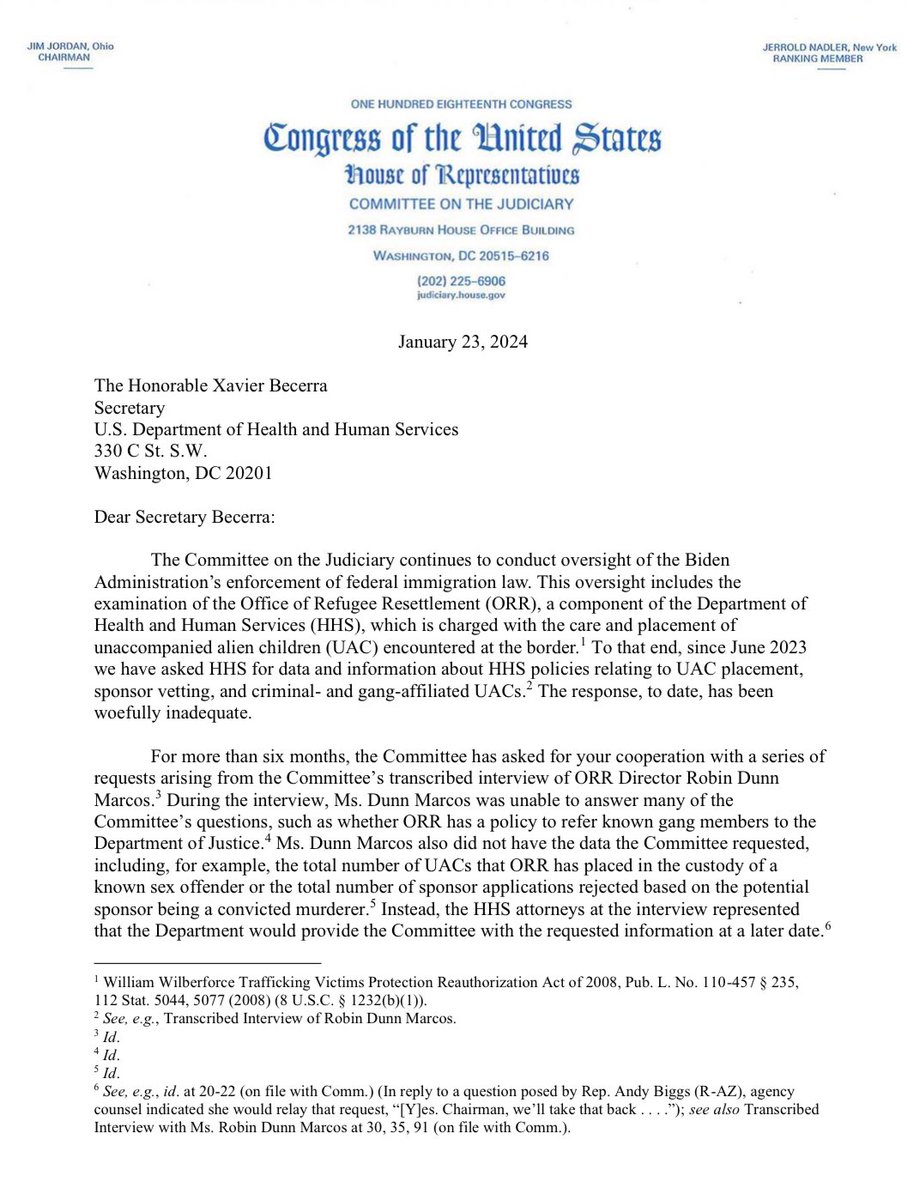 Jim_Jordan's tweet photo. Today, we subpoenaed HHS Secretary Xavier Becerra for information about the placement of unaccompanied alien children with convicted murders and other criminals. https://t.co/fLKnbAwAgj