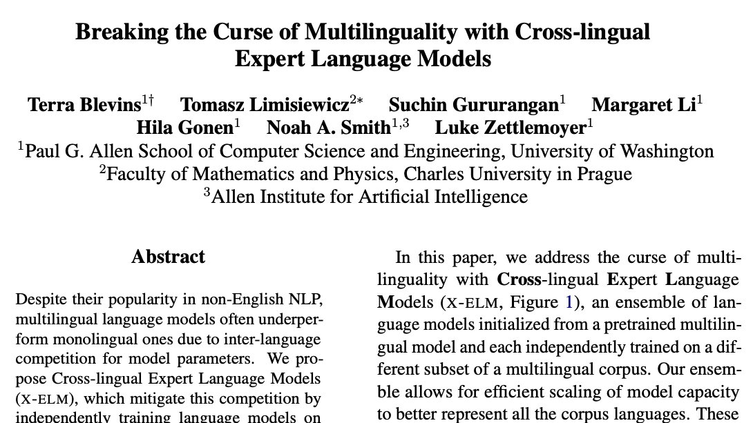 Expert language models go multilingual! Introducing ✨X-ELM✨(Cross-lingual Expert Language Models), a multilingual generalization of the BTM paradigm to efficiently and fairly scale model capacity for many languages! Paper: arxiv.org/abs/2401.10440